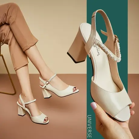 清仓真皮鱼嘴水钻高跟鞋女夏天时尚舒适米白色凉鞋女粗跟商品大图