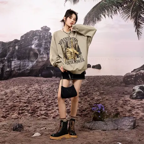 yep插肩卫衣女加绒小个子潮牌oversize上衣炸街高级感美式复古图片