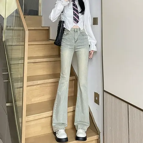 复古做旧浅蓝色牛仔裤女高腰显瘦春夏季薄款修身马蹄微喇叭长裤子商品大图