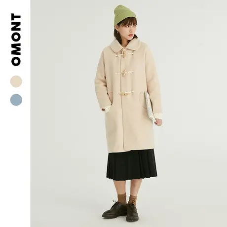omont蛋挞家 学院风宽松中长款牛角扣毛呢子大衣女外套纯色秋冬季商品大图