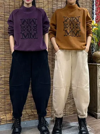 2023秋冬新款休闲加绒加厚卫衣女装韩版宽松显瘦半高领字母上衣潮商品大图