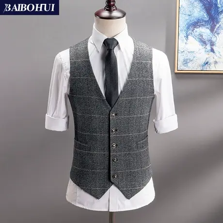 春秋新款男士格子西装马甲韩版修身青年商务时尚马夹男坎肩背心潮商品大图