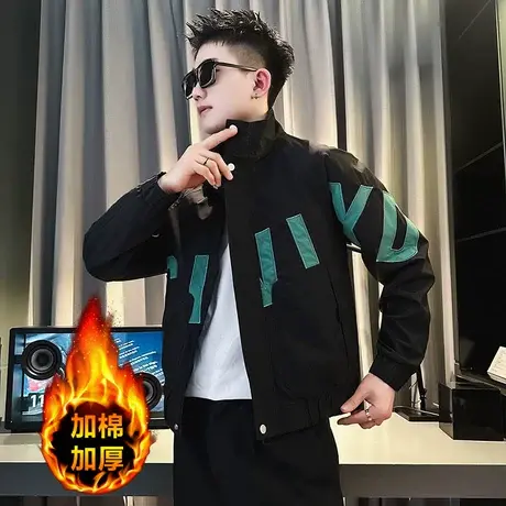 冬季时尚休闲机车加绒加厚冬装口袋INS个性冲锋衣刺绣字母外套男商品大图