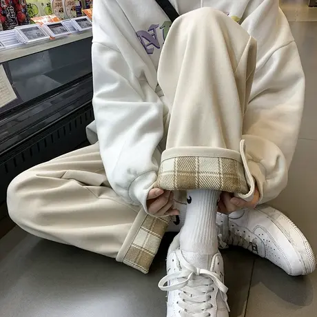 休闲裤子男秋冬季潮流直筒宽松阔腿长裤oversize潮牌格子拼接百搭商品大图