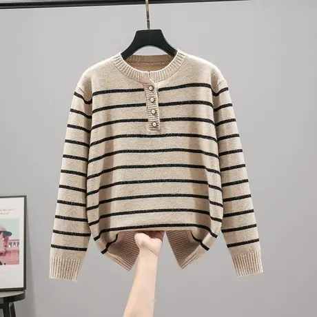 2023春装新款韩版宽松圆领条纹针织衫女士百搭打底衫毛衣长袖内搭商品大图