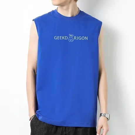 克莱因蓝重磅纯棉背心男夏季宽松运动坎肩液氨长绒棉小熊无袖t恤商品大图