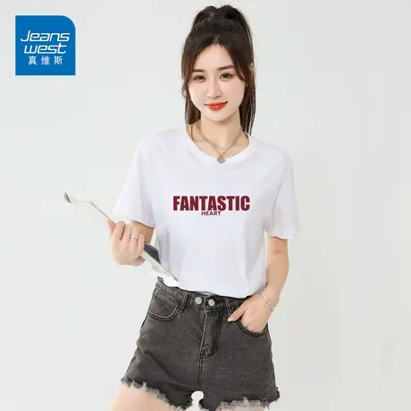 真维斯纯棉短袖女2023新款字母印花落肩袖上衣半袖学生商品大图