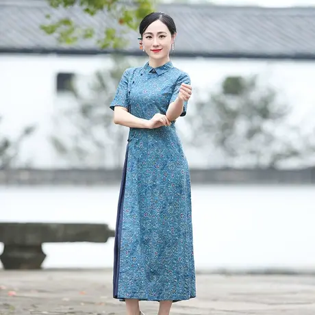 筠雅休闲连衣裙女夏2022年新款改良旗袍短袖修身盘扣中式长裙子图片