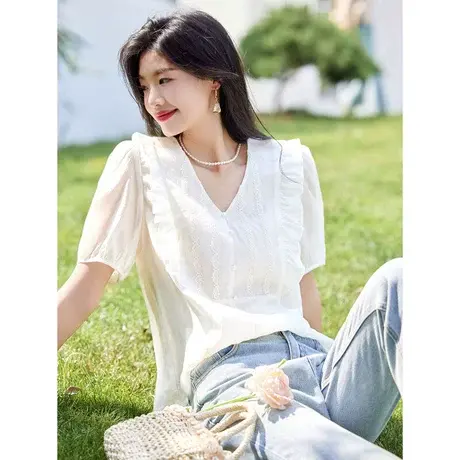 时尚气质短袖衬衫夏季新款淑女温柔V领显瘦通勤天丝上衣图片