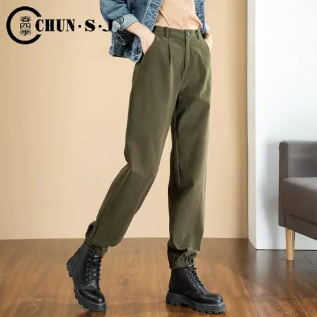 军绿色工装裤女秋冬束脚裤子2023新款高腰加绒直筒哈伦休闲裤长裤图片