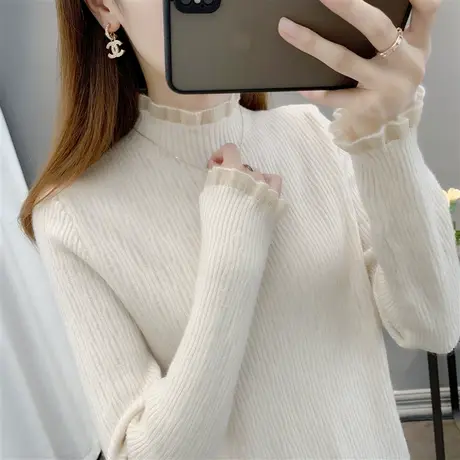 2022新款蕾丝半高领打底衫女士春秋季内搭洋气修身长袖针织衫上衣商品大图