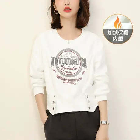 韩潮袭人美式印花圆领黑色加绒卫衣女冬季新款短款加厚上衣图片