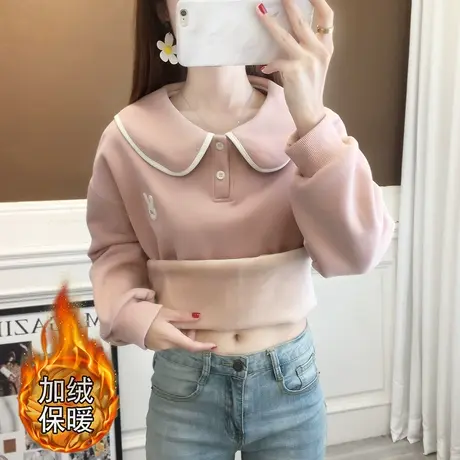 2023秋冬新款爆款胖妹妹显瘦遮肉娃娃领加绒加厚卫衣女宽松韩版商品大图