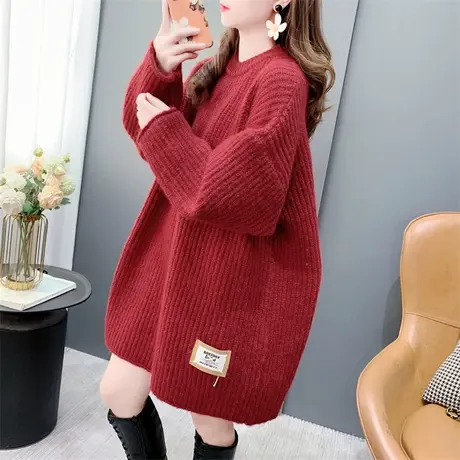 中长款加厚圆领毛衣女套头2023年新款秋冬宽松慵懒风百搭打底上衣商品大图