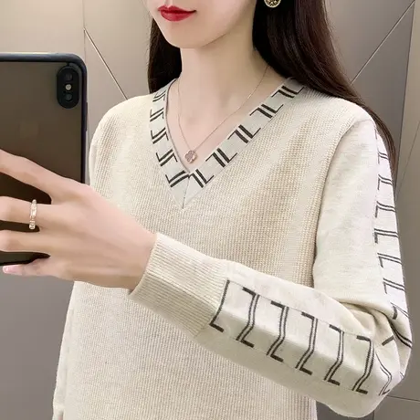 春季2023年新款v领长袖薄款针织打底衫宽松百搭洋气毛衣春秋上衣图片