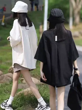 欧货中长款外套女2025新款韩版宽松百搭休闲高级感短袖牛仔棉衬衫商品大图