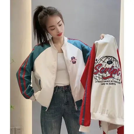 2023早春新款棒球服短外套女小个子休闲别致刺绣拼接撞色夹克上衣图片