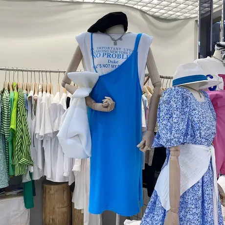 2021夏季新款无袖漏背t恤女背心+吊带宽松开叉连衣裙时尚两件套装商品大图