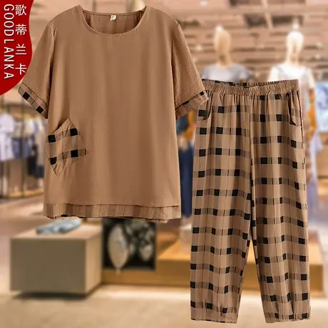 大码中老年女装短袖t恤两件套宽松洋气中年妈妈夏装时尚棉麻套装商品大图