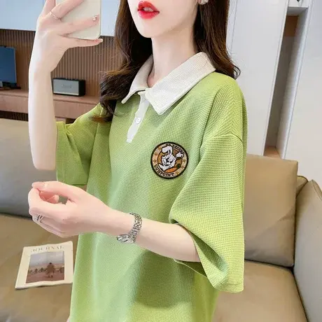 小众设计感短袖t恤女夏季韩版宽松大码女装翻领polo衫拼色上衣服商品大图