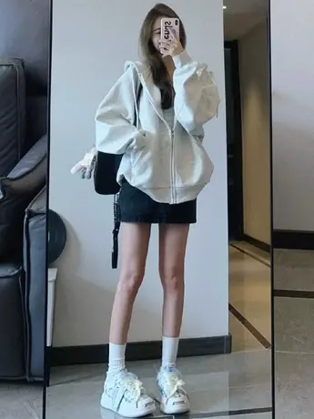 纯色卫衣女oversize大码秋冬闺蜜装连帽开衫加绒ins百搭美式外套图片