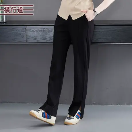 休闲阔腿长裤2025新款宽松简约纯色裤脚开叉显瘦黑色松紧腰女下装商品大图