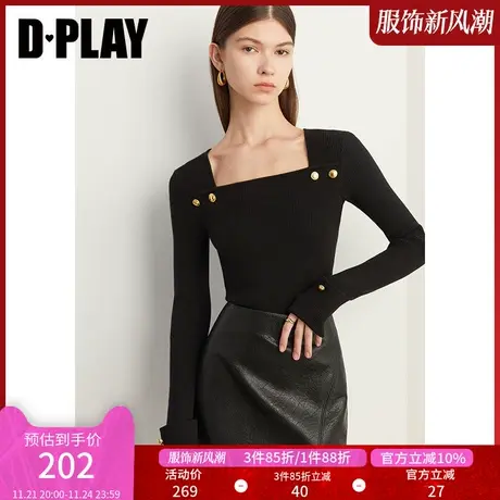 DPLAY春气质经典黑方领设计感翻袖重工金属扣长袖针织打底衫商品大图