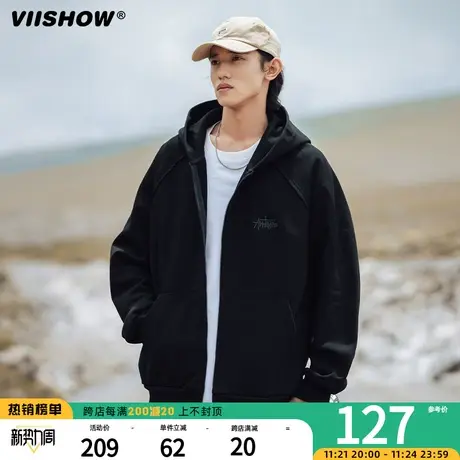 VIISHOW山系复古重磅连帽卫衣外套秋冬潮牌刺绣设计插肩袖开衫商品大图