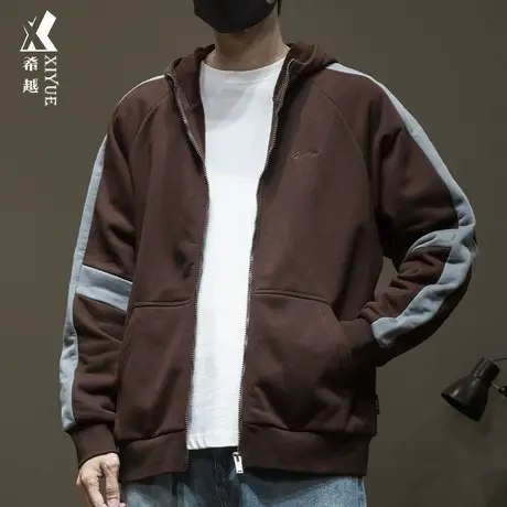 美式连帽加绒加厚开衫卫衣男冬季保暖拼接宽松大码男士外套秋冬款商品大图