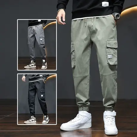 军绿色多口袋工装牛仔裤男款束脚宽松春季休闲裤子加肥加大码胖子商品大图