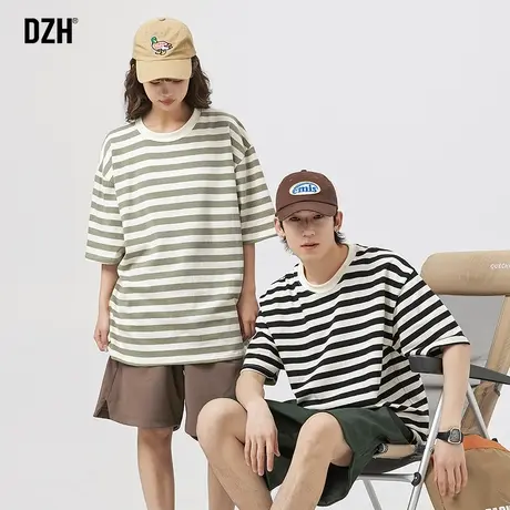 情侣条纹t恤男短袖休闲运动纯棉圆领上衣2023新款情侣装体恤打底商品大图