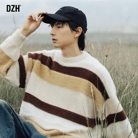 男生仿貂毛条纹毛衣男冬季宽松慵懒风套头针织衫圆领加厚2024新款图片