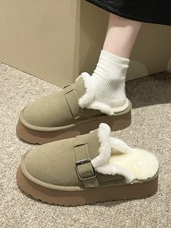 网红厚底毛毛拖鞋女外穿2023年冬季新款包头半拖鞋加绒雪地勃肯鞋商品大图