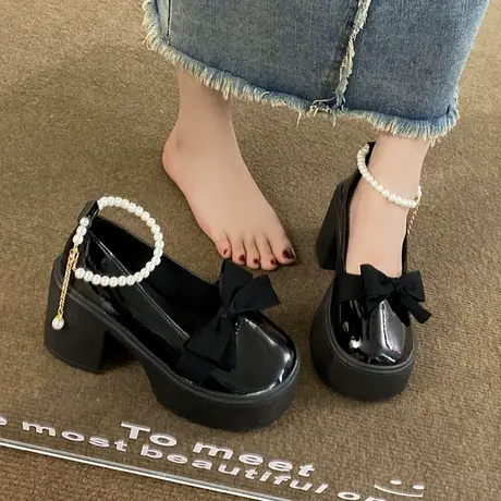 日系厚底玛丽珍鞋女2023年新款夏季珍珠蝴蝶结法式高跟小皮鞋单鞋商品大图