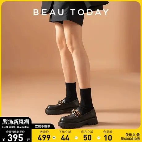 BeauToday黑色厚底乐福鞋女真皮复古单鞋女软底英伦风小皮鞋女鞋图片