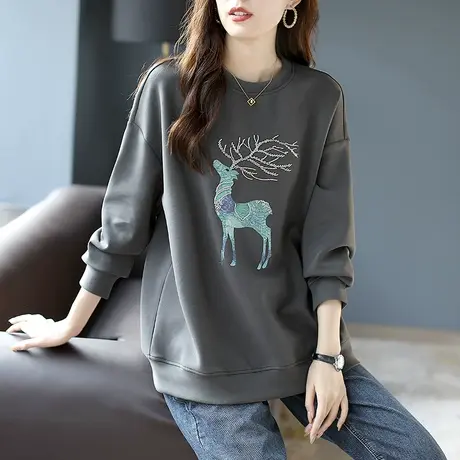 宝诗黎秋季圆领休闲刺绣卫衣女新款2023钉珠宽松慵懒长袖套头上衣图片