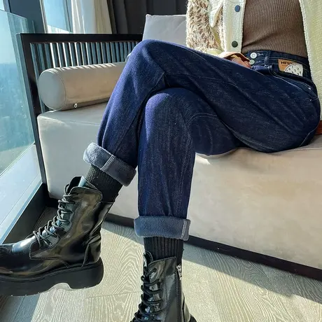 哈伦九分牛仔裤女冬季2023年新款高腰显瘦直筒宽松加绒加厚老爹裤图片