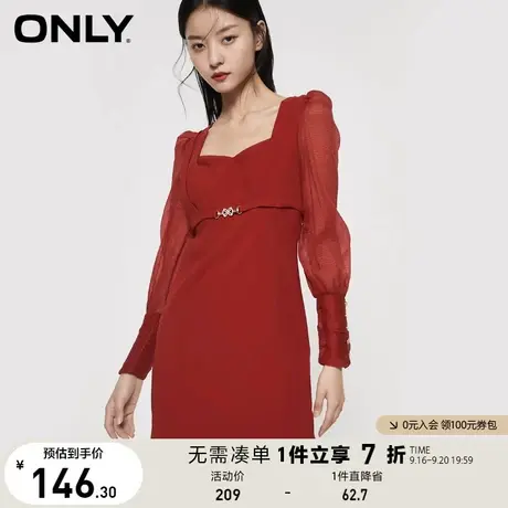 ONLY奥莱夏季职业气质方领显瘦网纱包袖连衣裙女图片