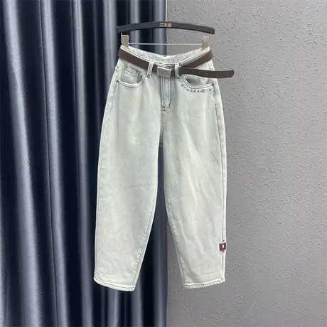 欧货个性数字刺绣牛仔老爹裤女23冬季新款加绒保暖宽松显瘦哈伦裤图片