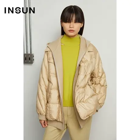 INSUN恩裳冬季毛织拼接连帽假两件鹅绒羽绒服商品大图