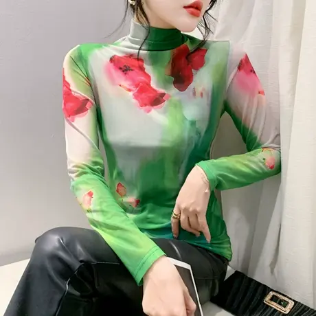 设计感网纱印花半高领长袖秋冬新款时尚内塔上衣女修身T恤打底衫图片