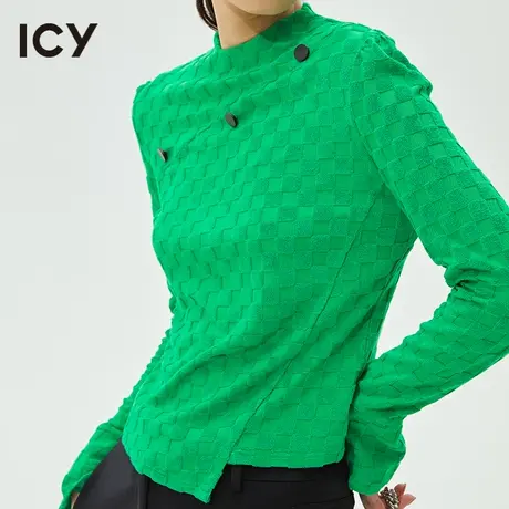 icy女装设计春秋新款半高领肌理格纹长袖不对称外穿T恤上衣女商品大图