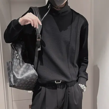 高级感男卫衣半高领秋季重磅个性拉链设计感发型师内搭长袖T恤衫商品大图