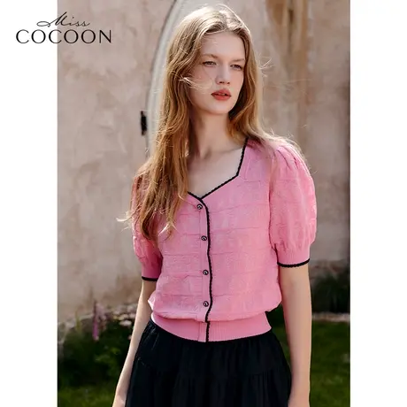 MISSCOCOON法式泡泡袖上衣女2023夏季装新款简约方领百搭针织衫商品大图