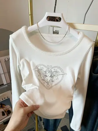 2024秋冬新款磨毛长袖t恤女小众低领德绒打底衫白色内搭修身上衣商品大图