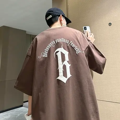 潮牌ins夏季圆领短袖T恤美式复古字母发泡纯棉情侣休闲宽松上衣服商品大图