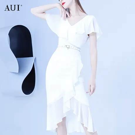 AUI白色名媛气质雪纺连衣裙夏季2022新款设计感小众V领荷叶边裙女图片