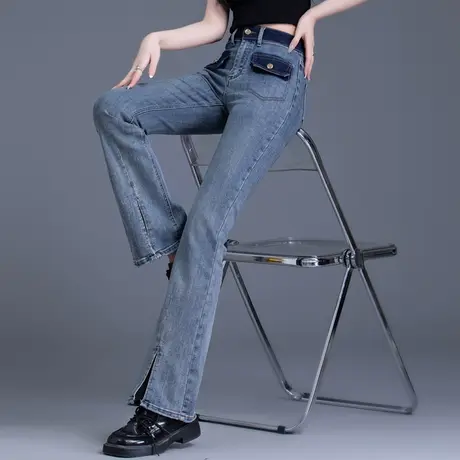 微喇牛仔裤女撞色法式开叉裤子高腰显瘦2024年春秋长款直筒喇叭裤图片