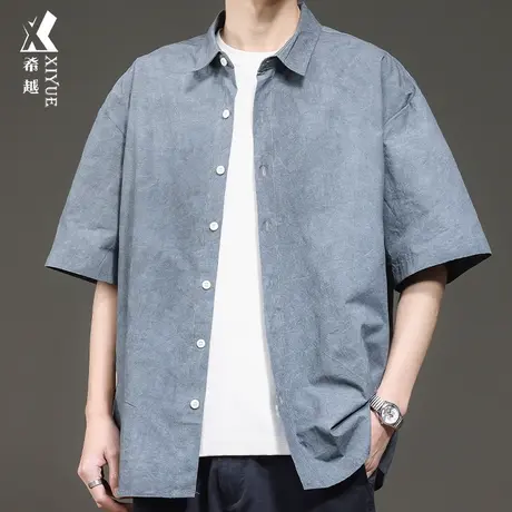 希越休闲短袖衬衫男士2024春季新款宽松大码日系衬衣男装短袖外套商品大图