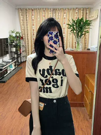 纯棉短袖t恤女夏季圆领宽松美式复古撞色设计感小众港味chic上衣商品大图